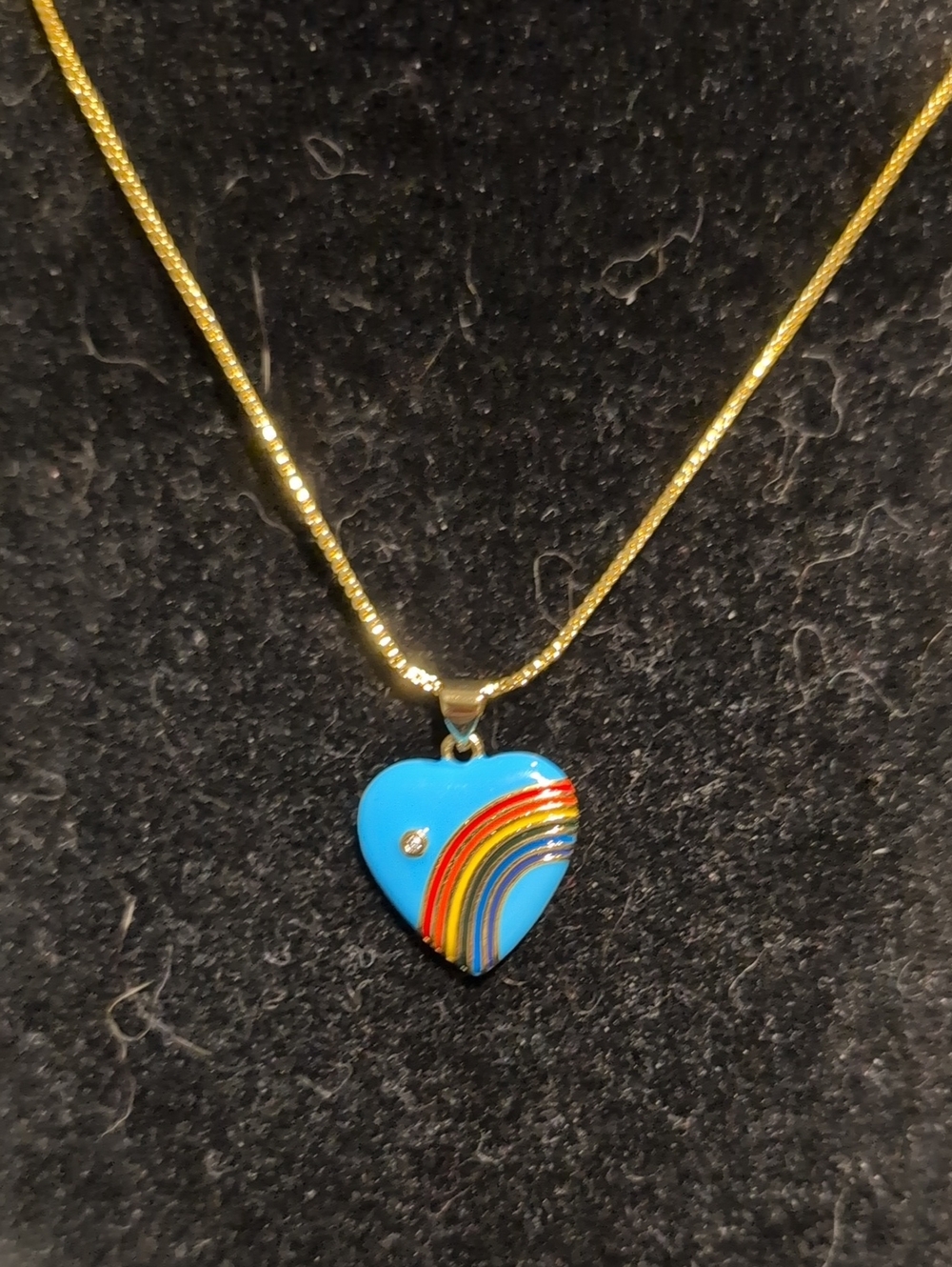 Gold Chain Necklace with Blue Heart Rainbow Pendant